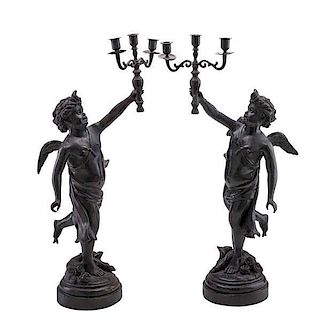 PAIR OF PATINATED SPELTER CANDELABRA