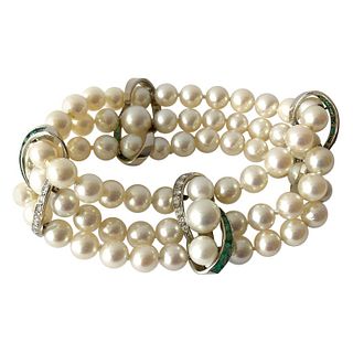 Vintage 14 Karat White Gold 1960s Diamond Emerald Pearl Three-Strand Bracelet