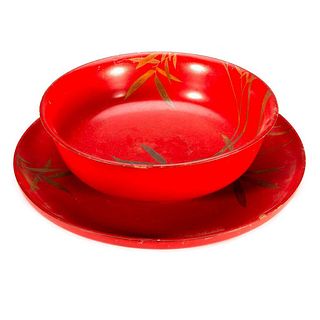 Chinese red lacquer bowl and dish.