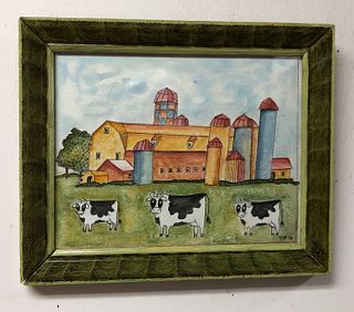 MOLLY BATCHELDER, Three Cows and Barn with Blue Silo