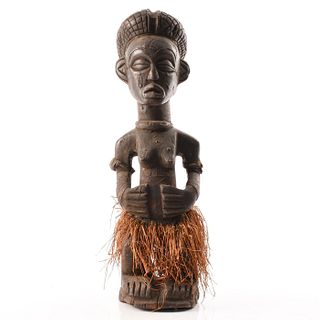 AFRICAN WOODEN TRIBAL FIGURE, WOMAN WITH STRAW SKIRT