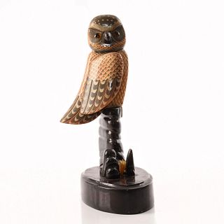 AMBER COLORED OWL SITTING ON PERCH, WOODEN BASE