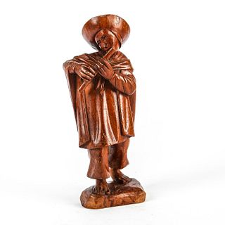 PERUVIAN WOODEN HAND CARVED FIGURE, MAN PLAYING FLUTE