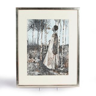 MIXED MEDIA DRAWING, WOMAN IN THE WOODS WITH BIRD