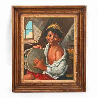 OIL ON CANVAS OF YOUNG BOY PLAYING TAMBOURINE