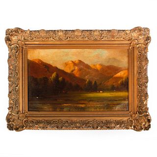 VINTAGE OIL PAINTING, COWS IN MEADOW WITH MOUNTAINS