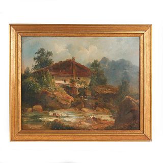 VINTAGE OIL PAINTING, HOUSE NEXT TO BROOK