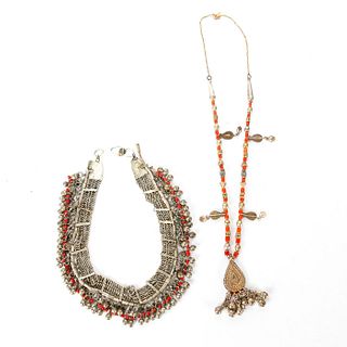 20TH C. TRIBAL RED CORAL AND METAL HEADBAND, NECKLACE
