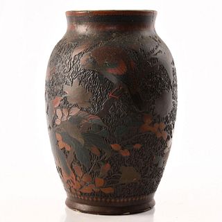 CERAMIC HAND PAINTED ENGRAVED VASE, BUTTERFLIES AND BIRD