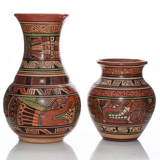 TWO PRE COLUMBIAN STYLE PAINTED TERRACOTTA VASES