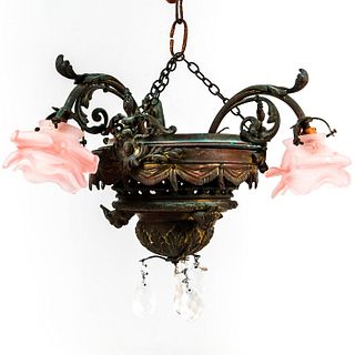 FRENCH STYLE BRONZE CHANDELIER W. FLORAL DESIGN, LIONS