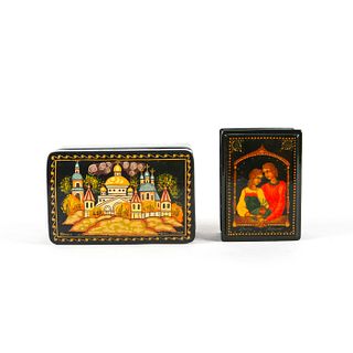TWO RUSSIAN PAINTED WOODEN TRINKET BOXES