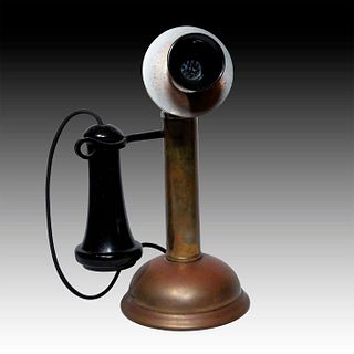 ANTIQUE CHROME AND BRASS OILCAN CANDLESTICK PHONE