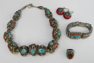 LARGE TURQUOISE & RED CORAL PARURE JEWELRY SET