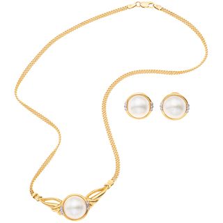 NECKLACE AND EARRINGS SET WITH HALF PEARLS AND DIAMONDS. 18K YELLOW GOLD