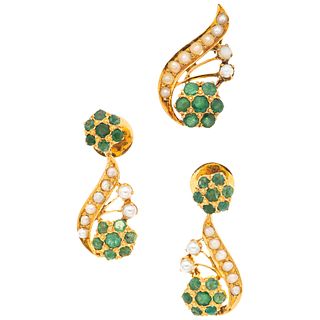 PENDANT AND EARRINGS SET WITH EMERALDS AND CULTURED PEARLS. 18K YELLOW GOLD