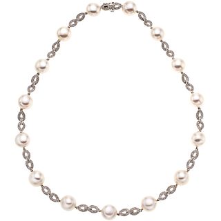 CULTURED PEARLS AND DIAMONDS NECKLACE. 14K WHITE GOLD
