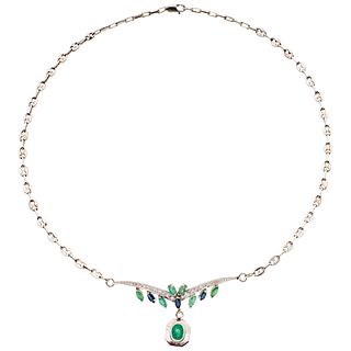 EMERALDS, SAPPHIRES AND DIAMONDS NECKLACE. 14K WHITE GOLD