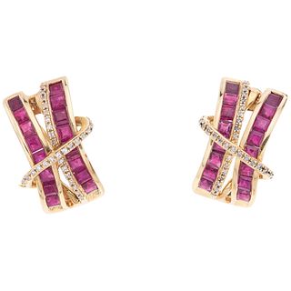 PAIR OF EARRINGS WITH RUBIES AND DIAMONDS IN 14K GOLD with 32 square cut rubies and 62 diamonds 8x8 cut. Weight: 6.9 g