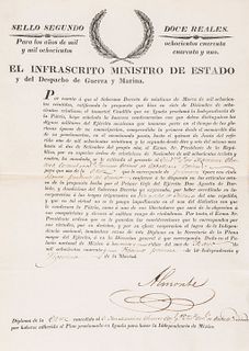 Almonte, Juan Nepomuceno. Diploma, de la Cruz concedida a José Martínez Chavero, por haberse adherido al Plan de Iguala. México, 1841