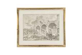 Piranesi, Giovanni Battista. Veduta degli avanzi del Tempio della Pace. Roma, 1757. Etching, 15.8 x 21.4" (40.3 x 54.5 cm), cropped. Framed.