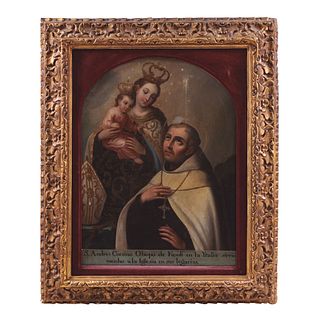 ST. ANDREW CORSINI, BISHOP OF FIESOLE, WITH THE VIRGIN AND CHILD. MEXICO, early 19th Century. Oil on canvas. 33 x 24.4" (84 x 62 cm)