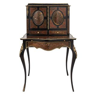 BONHEUR DU JOUR. FRANCE, 19th Century. NAPOLEÓN III Style, with BOULLE-style decoration. Ebonized wood with applications. 48 x 21.2 x 25.5" (122 x 54 