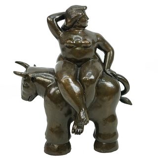 After Botero Nude Lady Riding Bull Bronze