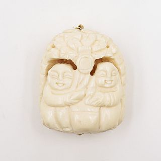 Chinese Carved Bone & Gold Pendant