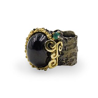 Sterling Silver, Onyx, and Emerald Ring