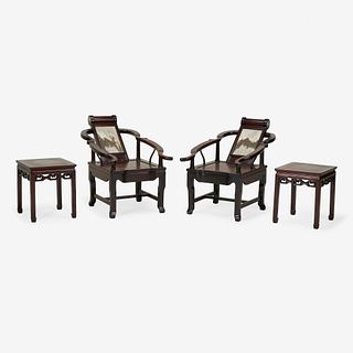 Chinese, reclining chairs, pair, and two side tables