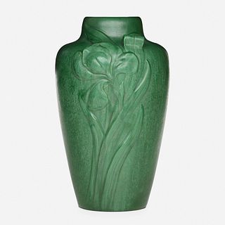 Weller Pottery, Matt Green vase with irises