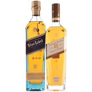 Johnnie Walker. Blue label y 18 años. Blended. Scotch whisky. En estuche. Piezas: 2.