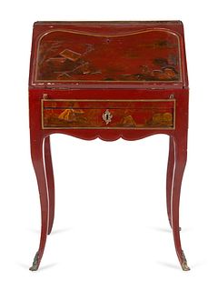 A Louis XV Red Chinoiserie Lacquered Slant-Front Bureau