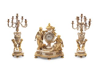 A Large and Impressive Louis XVI Style Gilt Bronze and Marble Clock Garniture