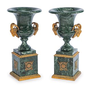 A Pair of Empire Style Gilt Metal Mounted Marble Urns on Stands