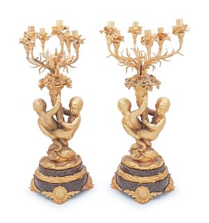 A Pair of Louis XV Style Gilt Bronze Figural Four-Light Candelabra