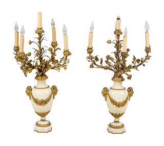 A Pair of Neoclassical Gilt Bronze and Marble Five-Light Candelabra