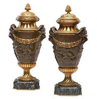 A Pair of Neoclassical Gilt and Patinated Bronze Urns