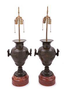 A Pair of Neoclassical Bronze and Marble Urns Mounted as Lamps