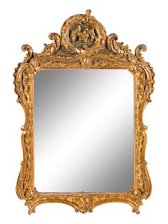 An Italian Rococo Gilt and Green-Painted Mirror