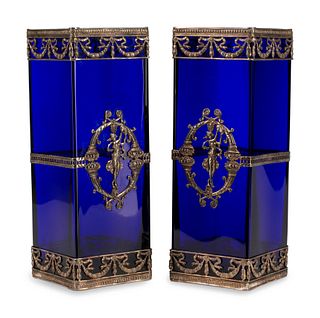 A Pair of Continental Silver-Plate Mounted Cobalt Glass Vases