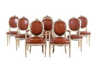 An Assembled Set of Eight Gustavian Cream-Painted Dining Chairs