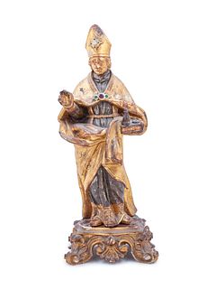 A Continental Painted, Parcel Gilt and Gem-Inset Figure of a Saint