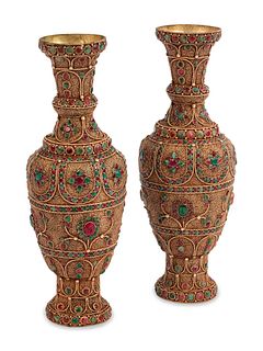 A Pair of Mughal Style Jeweled Filigree Vases