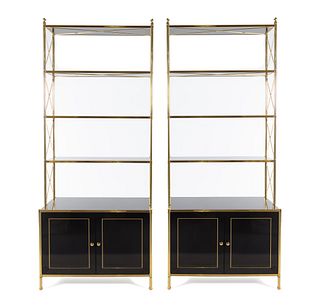 A Pair of Regency Style Brass and Simulated Lacquer Etageres in the Style of Billy Baldwin