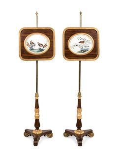 A Pair of Regency Parcel Gilt Grain-Painted Pole Screens with China Trade Pith Paintings