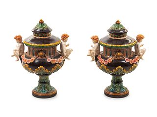 A Pair of English Majolica Covered Urns