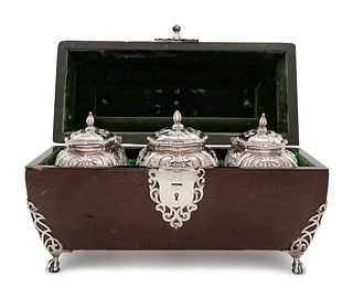 Three George III Silver Tea Caddies in a Leather-Cased Box