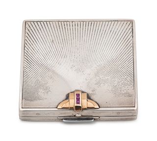 A Tiffany & Co. Silver, 14-Karat Gold and Gemstone-Inset Compact